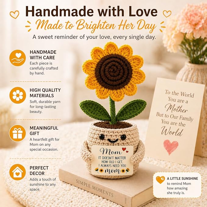 Velyra Crochet Sunflower Pot for Mom, Handmade Knitted Flower with Message Card, Cute Desk Decor, Mother’s Day Birthday Present for Grandma, Women Keepsake