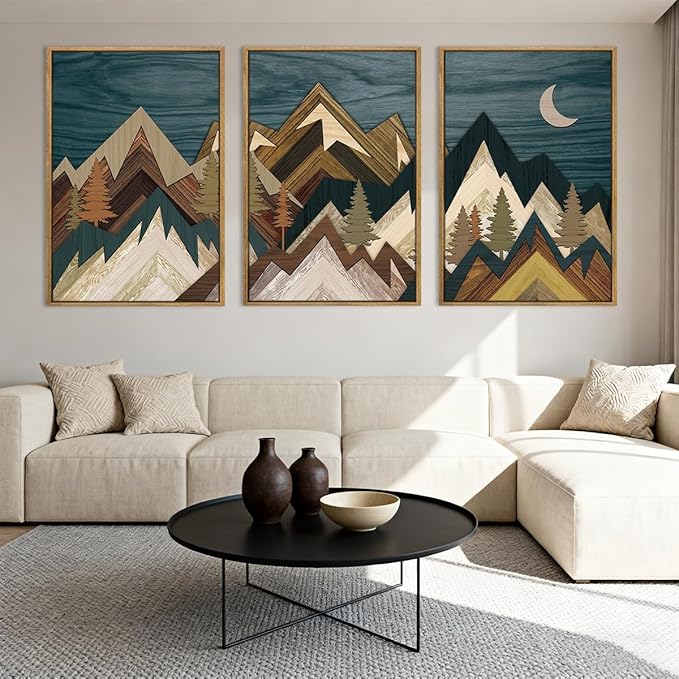 BINCUE Extra Large Mountain Wall Art Moon Froest Wall Decor Nature Landscape Art Print Framed Mountain Artwork Farmhouse Rustic Wall Paintings Large Landscape Artwork for Living Room Bedroom Office 24x36 Inches Set of 3