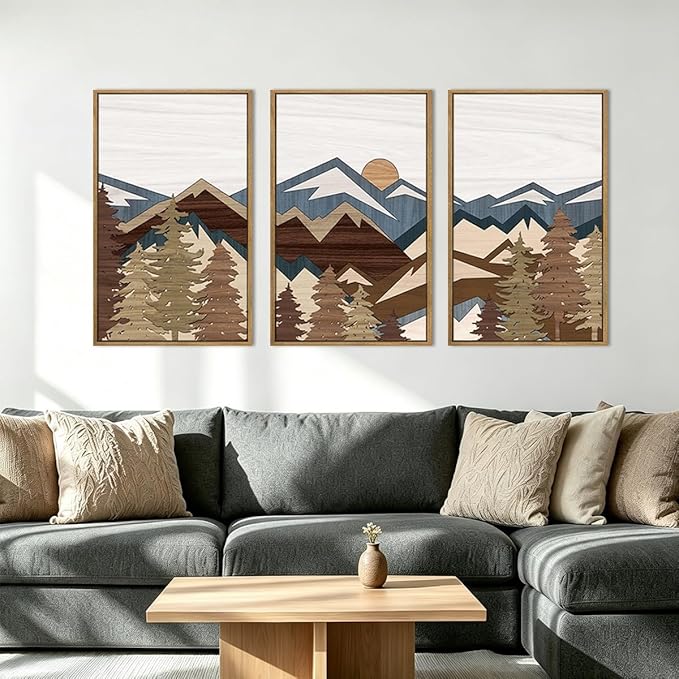 BINCUE Large Mountain Wall Art Vintage Mountains Wall Decor Framed Landscape Artwork Rustic Mountain Art Prints Farmhouse Landscape Wall Pictures for Living Room Bedroom Office Farmhouse 16x24 Inch Set of 3