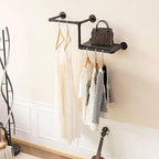 Industrial Pipe Clothing Rack with Floating Shelves, 2 Hanging Rods Wall Mounted Garment Rack, Heavy Duty Iron Clothes Bar, Space-Saving Clothing Hanging Rails for Closet (2 hanging rods 1 shelf)