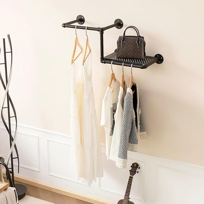 Industrial Pipe Clothing Rack with Floating Shelves, 2 Hanging Rods Wall Mounted Garment Rack, Heavy Duty Iron Clothes Bar, Space-Saving Clothing Hanging Rails for Closet (2 hanging rods 1 shelf)