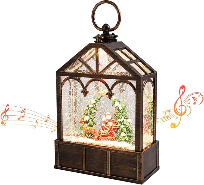 Christmas Snow Globes Musical Lantern Snow Globe Santa Clause Reindeer Sleigh Water Snow Globe Glittering Portable Hanging Tabletop Decorative Lantern Christmas Home Décor