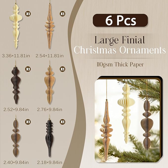 6Pcs Christmas Honeycomb Ornaments for Tree, 3D Paper Honeycomb Hanging Decorations Vintage Finial Christmas Ornaments Lanterns for Xmas Tree New Year Holiday Party Home Decor, Brown Khaki Beige