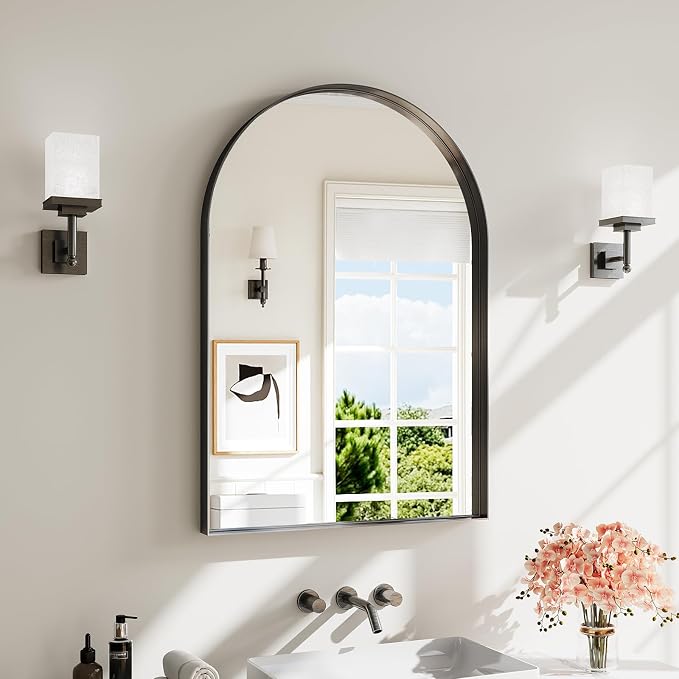Arch Bathroom Mirror, 24"x36" Wall Mounted Vanity Mirror with Deep Frame, Tempered Glass Decor Mirror for Bathroom, Bedroom, Entryway and Living Room, Hanging or Leaning, Black