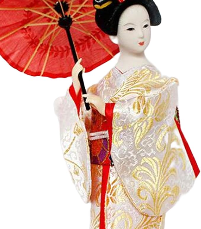 12inch Japanese Geisha Ethnic Japanese Geisha Dolls Oriental Ancient Kabuki Girl Statue Kimono Dolls for Tabletop Home Decor, White and Gold