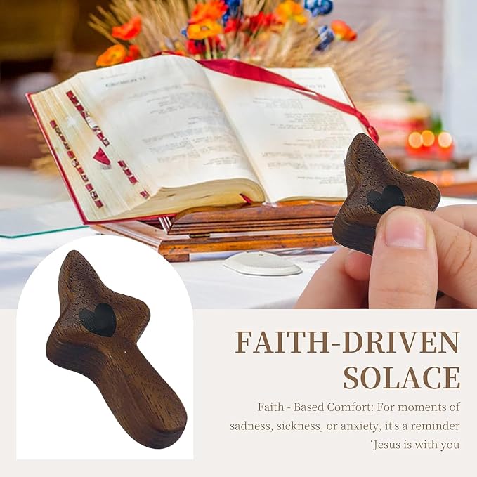 zyphonic Pocket Wooden Cross, Black Walnut with Heart Design, Religious Comfort Gift with Organza Bags Christian Encouragement Gift Handheld Stress Relief (10)
