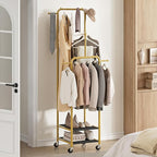 Chrislley Small Clothing Rack With Wheels, 71" Portable Rolling Garment Rack With 2 Shelves and 6 Hooks, 3-Section Different Heights Heavy Duty Metal Clothes Rack For Coats, Shirts, Bags, Shoes, Gold