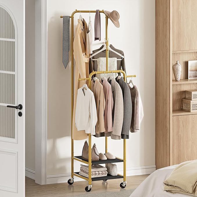 Chrislley Small Clothing Rack With Wheels, 71" Portable Rolling Garment Rack With 2 Shelves and 6 Hooks, 3-Section Different Heights Heavy Duty Metal Clothes Rack For Coats, Shirts, Bags, Shoes, Gold