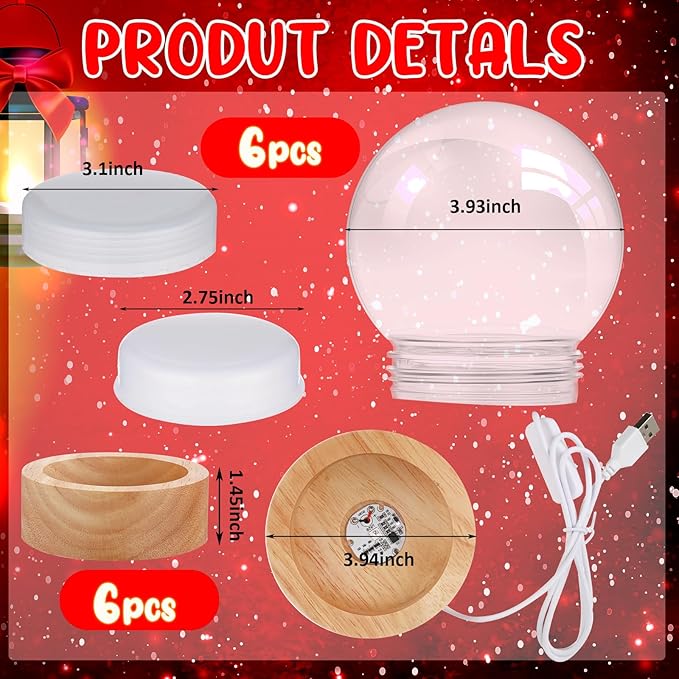 Irenare 12 Pcs 3.9 Inch DIY Snow Globe Kit, 6 Make Your Own Snow Globe Craft with 6 LED Light Wooden Base Clear Plastic Dome for Winter Decor Keepsake Gift Plant Terrarium Display(Wood Base)