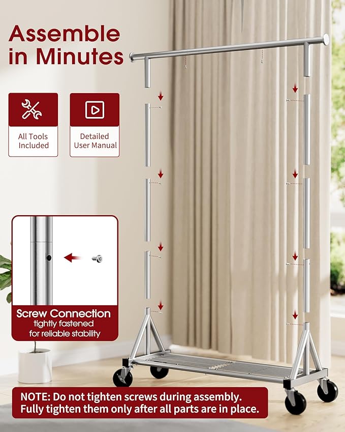 Heavy Duty Stainless Steel Rolling Clothes Rack with Mesh Shelf, Lockable Wheels & Anti-Slip Stoppers, Large Capacity Clothing Organizer for Bedroom, Laundry Room, 42.5" x 16.5" x 65.9", Silver