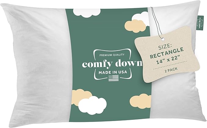 ComfyDown Set of 2 14x22 Decorative Throw Pillow Insert, Down and Feathers Fill, 100% Cotton Cover 233 Thread Count, Rectangle Pillow Insert - Made in USA