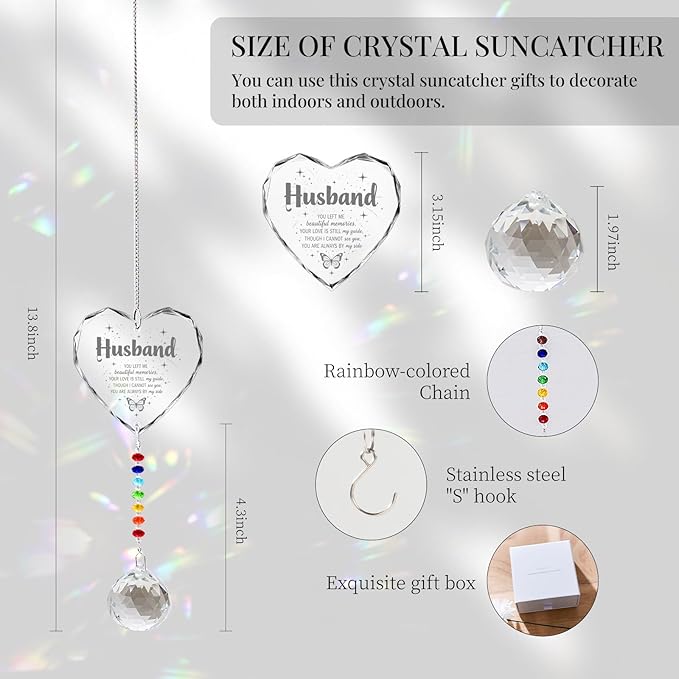 Sympathy Gifts for Loss of Loved One, Crystal Sun Catcher Rainbow Maker, Condolence Memorial for Loss of Mom Dad Dog (Husband-Type B)