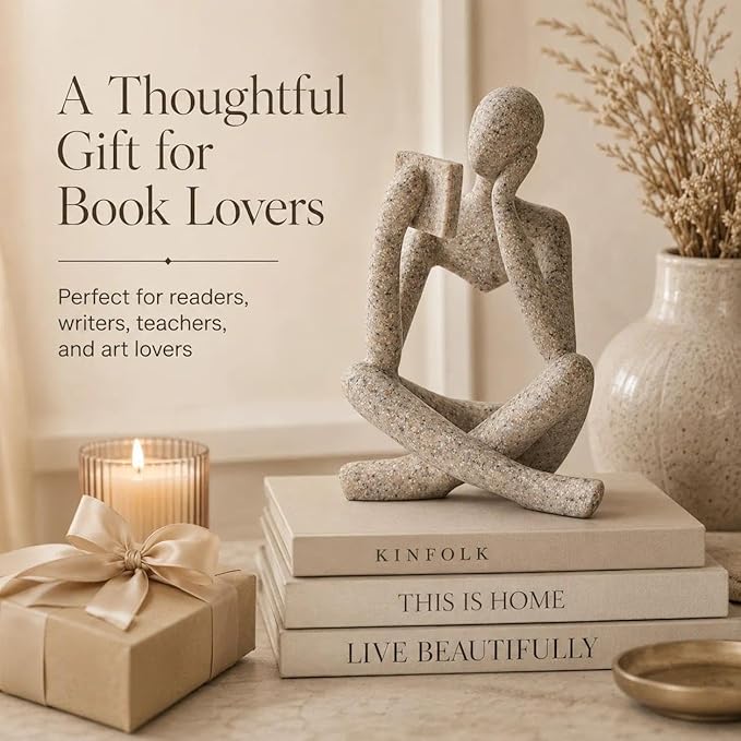 Bookshelf Decor Thinker Statue, Sand Abstract Reading Figurine Style B, Resin Decorative Bookend for Coffee Table, Shelf, Home Office, Library, Gift for Book Lovers