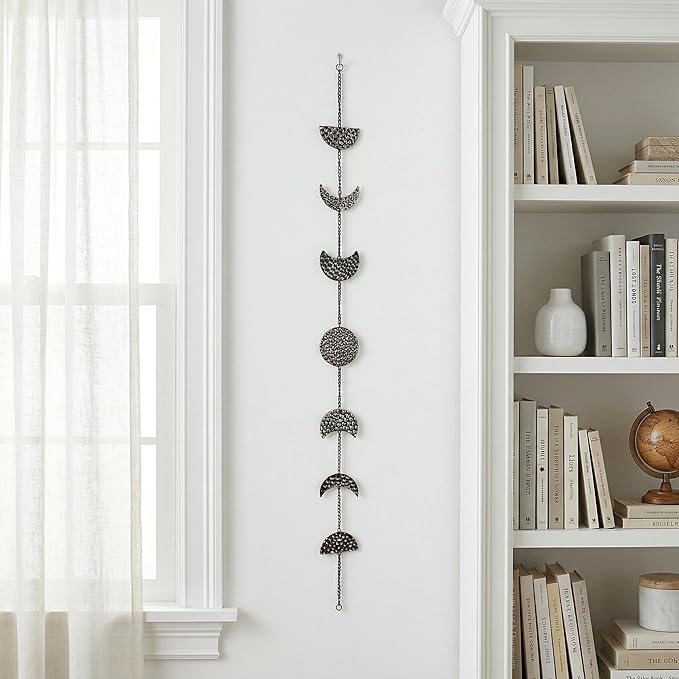 opulinea 32 Inch Hammered Black Gunmetal Moon Phase Metal Wall Decor, Celestial Hanging Wall Sculpture, Boho Lunar Wall Art for Bedroom, Living Room, Bathroom, Apartment