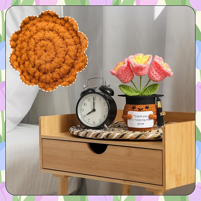 Wavwavw 3 Pack Teacher Appreciation Gift Positive Flower Handmade Crochet Doll Thank You for Helping Me Grow Gifts Back to School Gifts for Women Teacher(Flower with Grad Cap)