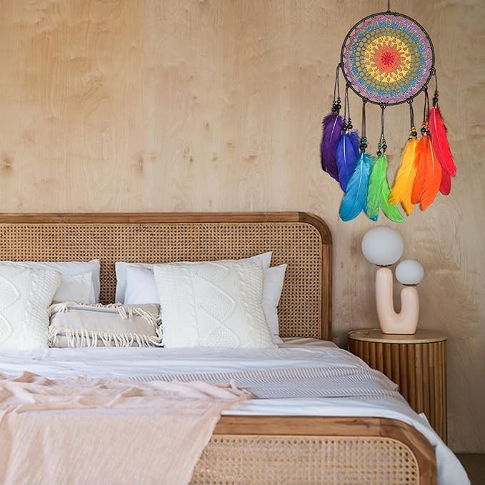 Dream Catcher Wall Decor Kit with Feathers and Beads Pendant, Handwoven for Bedroom Living Room Decoration (Rainbow)