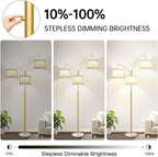 Dimmable 3 Lights Arc Floor Lamp, Modern Tall Standing Tree Lamp with Gold Pole, White Linen Shades & Solid Marble Base, 3000LM Warm White LED Bulbs, Elegant Lighting for Living Room, Bedroom & Office