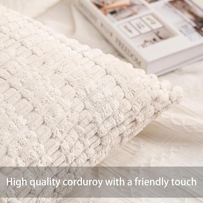 Aegero Pack of 2 Corduroy Decorative Throw Pillow Covers 18x18 Inch Soft Striped Pillow Covers Modern Farmhouse Home Decor for Sofa Living Room Couch Bed(Cream White)