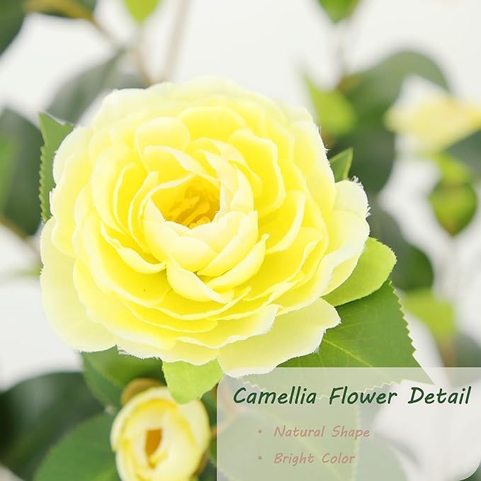 Bellacat 5ft Artificial Camellia Tree with Silk Yellow Flowers, 60in Faux Camellia Plant with Lifelike Trunk, Fake Flower Tree Potted Front Door Plants for Porch Patio Deck Living Room Decor, 2Pack