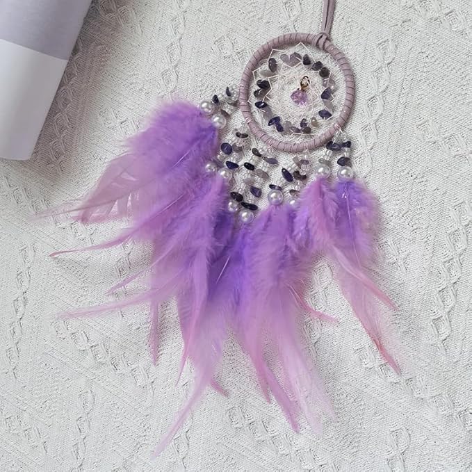 Mini Lotus Dream Catcher for Car Rearview Mirror, Handmade Boho Car Hanging Charm, Black Feather & Crystal Car Mirror Decor, Auto Interior Ornament for Women(Purple)