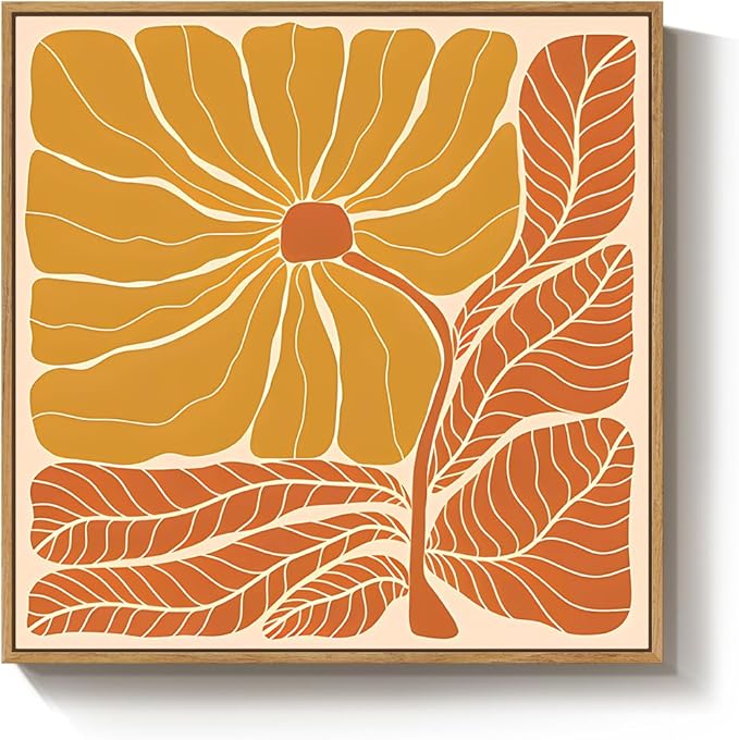 Framed Boho Abstract Floral Wall Art for Living Room, Square Orange Flower Canvas Artwork for Walls, Mid Century Modern Bohemian Pictures Wall Decor for Bedroom Dining Room Hallway Office, 24x24 Inch