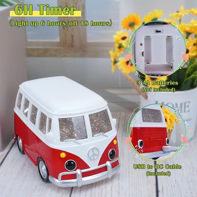 Bus Snow Globe with 6H Timer and Swirling Glitter, USB & Battery Powered, Night Light Snowglobes Statue for Home & Office, Gift Idea (Bus)