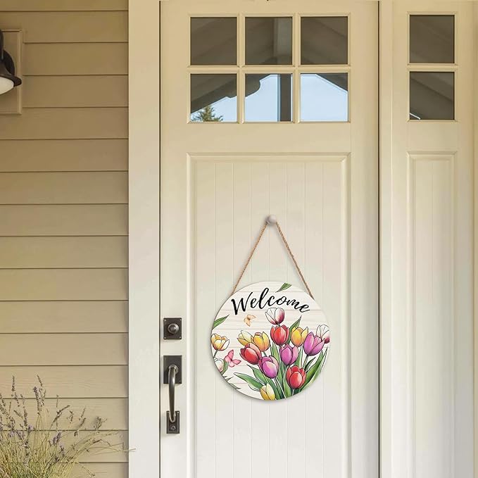 Spring Summer Welcome Sign for Front Door Decor Spring Flower Wall Hanging Sign Spring Decorations Floral Wooden Wreath Farmhouse Door Hanger Sign for Spring Summer Party Indoor Outdoor Decor 12 Inch