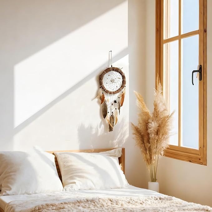 Dream Catcher Native American Boho Dreamcatcher Rattan Wall Decor, Handmade Natural Healing Crystal Stones Feathers Hanging Ornament Indian Decor for Bedroom Living Room