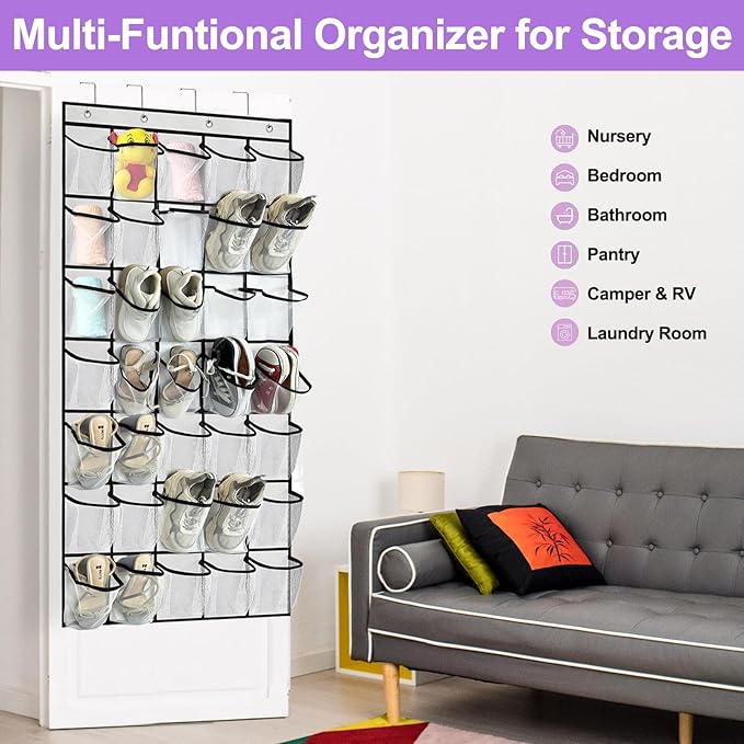homyfort 35 Large Pocket Over the Door Shoe Organizer, Extra Sturdy Oxford Fabric Hanging Shoe Rack for Door Closet, Wall Mesh Shoe Storage Holder for Mens Women Shoes (White)