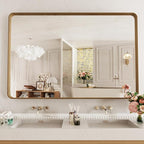 LOAAO 55X36 Inch Bathroom Mirror with Wood Grain Colored Metal Frame, Rounded Rectangle Metal Framed Bathroom Mirror, Anti-Rust, Hangs Horizontally or Vertically, Tempered Glass
