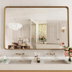 LOAAO 55X30 Inch Bathroom Mirror with Wood Grain Colored Metal Frame, Rounded Rectangle Metal Framed Bathroom Mirror, Anti-Rust, Hangs Horizontally or Vertically, Tempered Glass