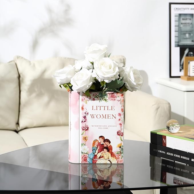 Book Vase, Ceramic Book Vase for Flowers, Unique Book Flower Vase, Decorative Ceramic Vases, Book Shaped Vases for Home, Office, Bedroom, Living Room, Dining Table