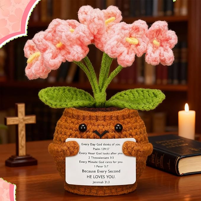 Wavwavw Christian Gift for Women Positive Handmade Crochet Doll with Bible Verse Prayer Card Inspirational Scripture Religious Crochet for Christmas Sunday Group Church(Not Forget Me)
