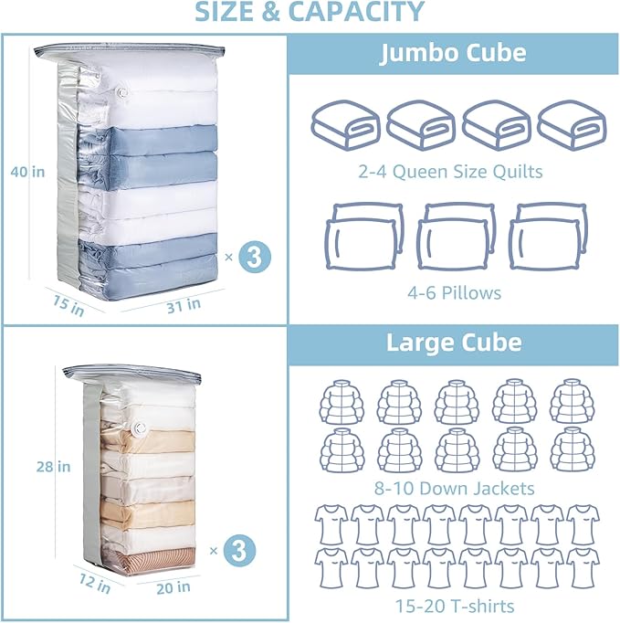 6 Pack Vacuum Storage Bags, Cube Combo (3 Jumbo+3 Medium), Vacuum Seal Bags for Clothing, Bedding, Blanket, Space Saving Closet Organization