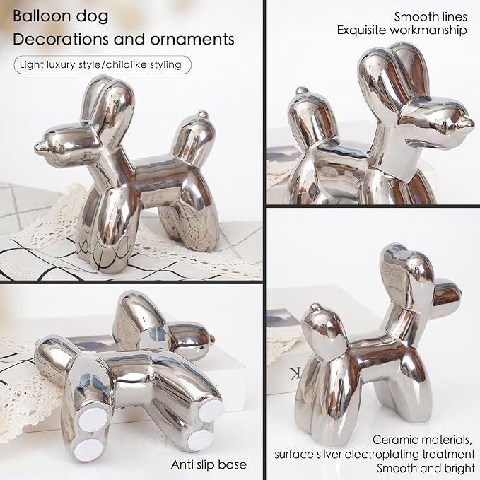 Notakia Large Silver Cute Ceramics Balloon Dog Statue Crafts Living Room Desktop Decorations,Handmade Modern Small Ceramic Animal Statue Ornament Home Decor Accents