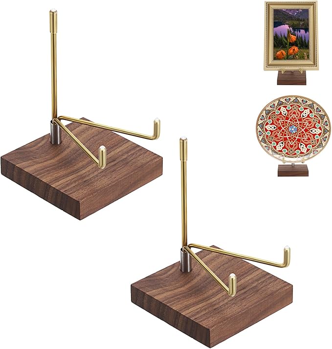 Hipiwe 2Pcs Adjustable Metal Arms Display Stand with Wooden Base Rock Display Stand Easel Decorative Plates Display Easel Holder for Gemstones Fossils Minerals Agate Plates Collectibles, 3.1"x3.1"