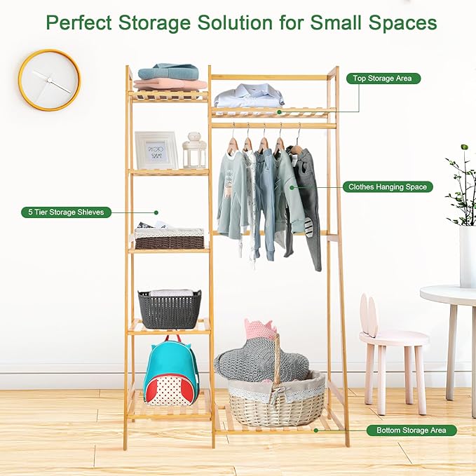 Bamboo Clothes Rack with 7 Tier Storage Shelves Clothing Hanging Stand for Small Spaces Children's Wardrobe Closet, Multifunctional Plant Stand