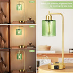 Innqoo Industrial Green Table Lamps for Bedrooms Set of 2-3-Way Dimmable Desk Lamp with USB C+A Ports and Outlet, Gold Lamps with Green Glass Shade for Living Room