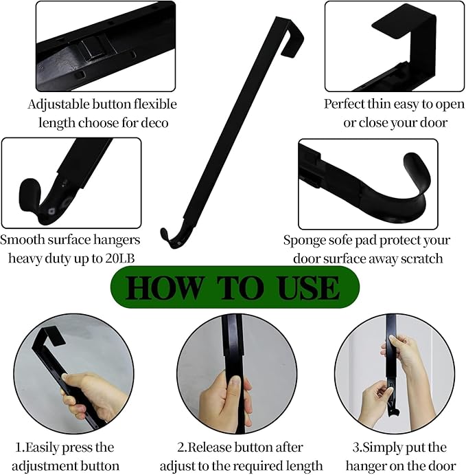 Wreath Hanger for Front Door, Adjustable 15 to 25 Inches Wreath Hangers, 20 lbs Larger Door Upgrade Wreath Hanger, Christmas (Black)