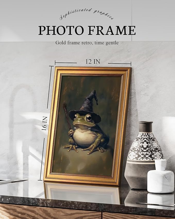 VIYYIEA Vintage Gold Framed Wall Art for Living Room,【Wizard Frog】-(16L x 12W)