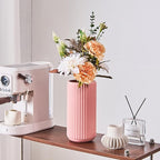Pink Ceramic Flower Vase for Pampas Grass, 8 inch Small Decorative Centerpiece Ribbed Vase for Dining Table, Office Desktop, Shelf Bookshelf, Mantel, Entryway, Bathroom, Countertop, Farmhouse, Gift