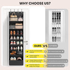 16-20 Pairs Over the Door Shoe Organizer, Clear Pockets Shoe Rack for Closet Door, Hanging Shoe Rack for Boots, Behind the Door Shoe Holder Fit All the Family's Sneakers, Boots, Heels, Black