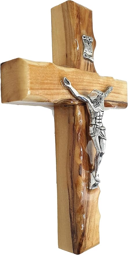 Zuluf 4.7" Catholic Wall Crucifix Olive Wood Cross with Silver Jesus Corpus – Handmade Christian Religious Wall Hanging Decor – Faith Gift from Jerusalem CRS058