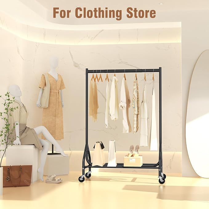 EAGMAK Heavy Duty Clothes Rack Load 420 LBS, Rolling Garment Rack with Lockable Wheels, Standing Metal Clothing Rack with Shelves, Portable Wardrobe Sturdy Coat Rack for Hanging Clothes (Black)