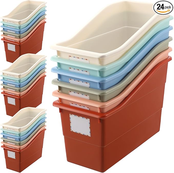 Suzile Interlocking Plastic Book Bins Bulk Classroom Organizers with Labels Magazine File Holder Boho for Teacher Supplies Library Office Home Storage Container(Classic Colors,24 Pcs)
