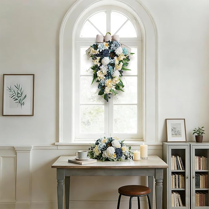 Idyllic 25 Inch Spring Blue Rose Door Hanging Artificial Floral Swag for Front Door Window Porch Stair Railing Spring Holiday Indoor Outdoor Home Decor
