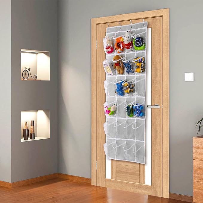 Over the Door 24 Pocket Hanging Shoe Organizer, Space Saving Hanging Storage Holder, Gray, (64" X 19")
