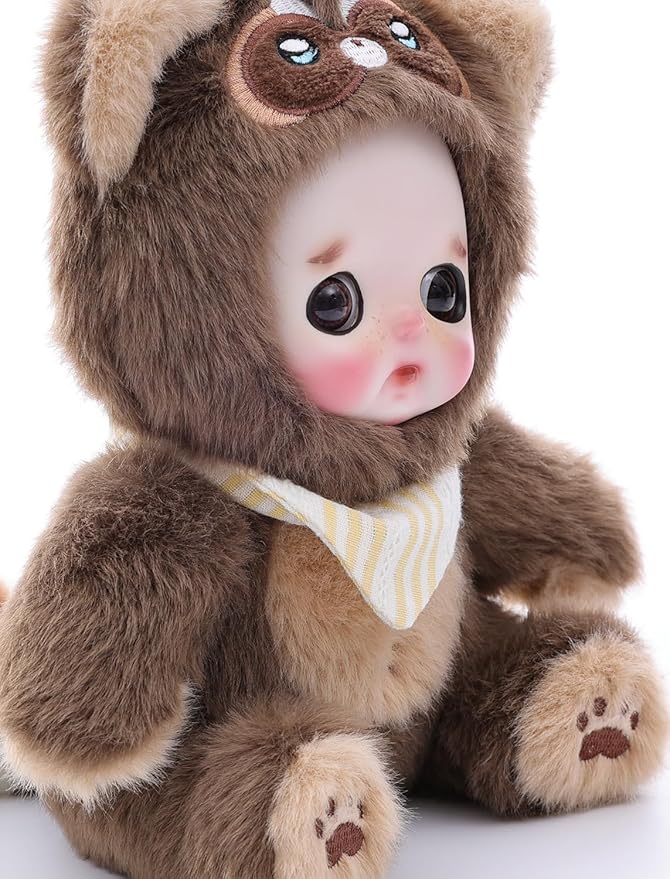 6" Hand-Painted Porcelain Face Doll with Acrylic Cotton Body, Small Ceramic Collectible Doll for Shelf & Desk Decor, Aesthetic Home Display, Collectors & Unique Birthday Gift (Brown)