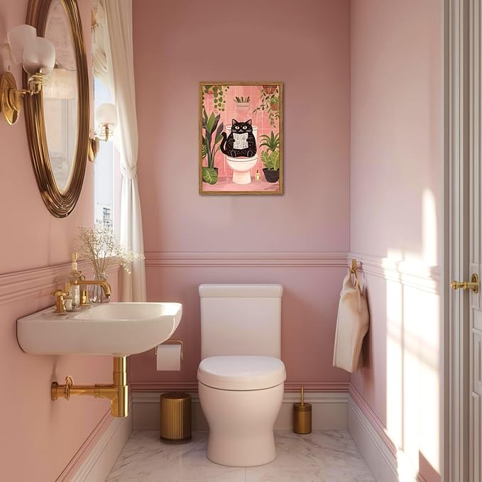 Framed Funny Bathroom Black Cat Canvas Wall Art Set of 2, Cute Cat Reading Newspaper on Toilet Pictures Wall Decor, Humor Animal in Bathtub Paintings Prints for Restroom 12x16 inch