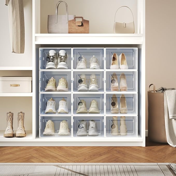 NEWBULIG 12 Pack Clear Shoe Storage Boxes, Shoe Organizer for Closet with Lid, Plastic Stackable Breathable Shoe Cabinet with Lid for Sneakers, Heels & Boots, White
